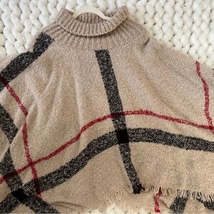 JustFab Beige Plaid Cowl Neck Poncho Sweater with Black and Red Accents